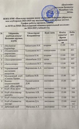 График работы кружков на 2024-2025 учебный год	